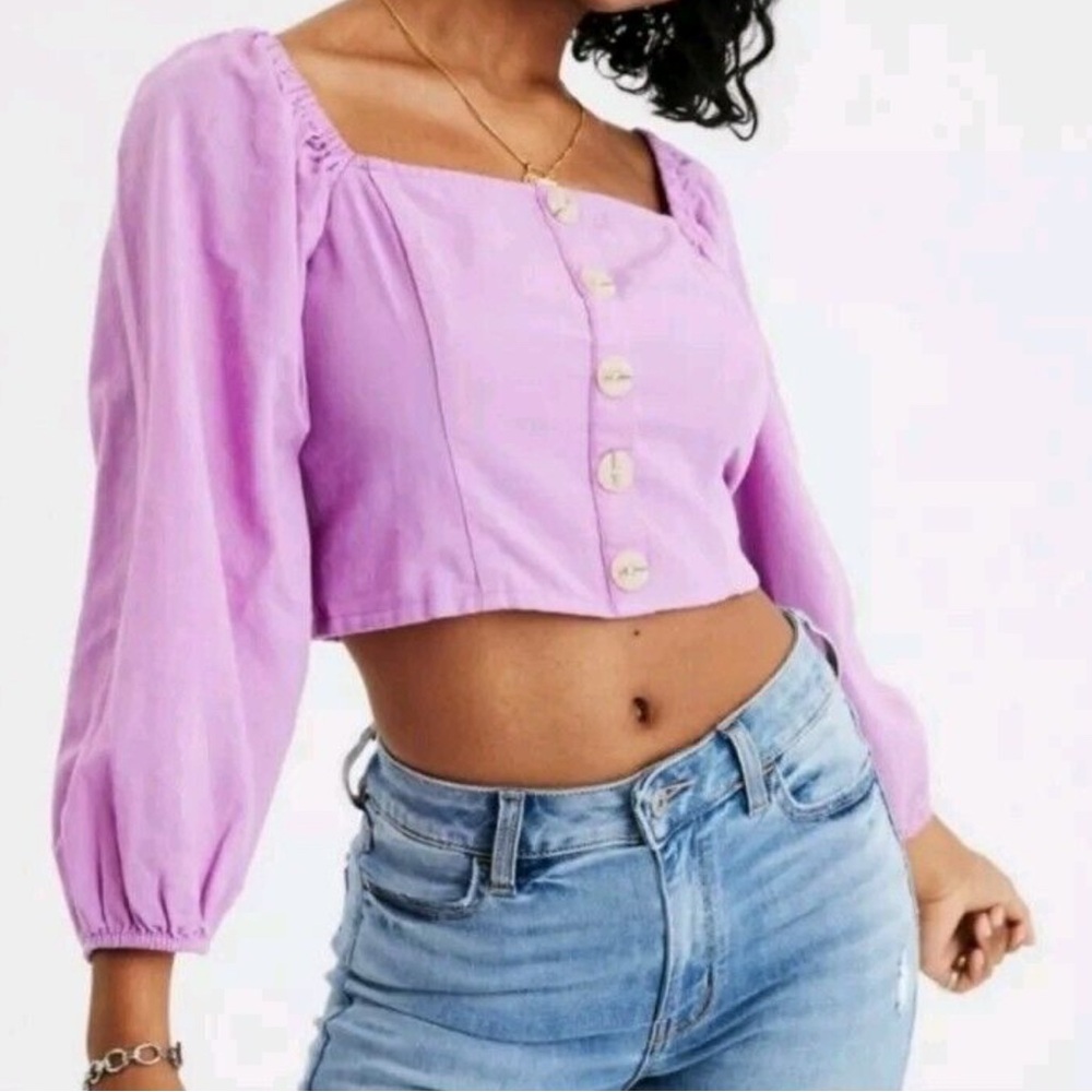American eagle lavender lilac long sleeve crop top cotton linen blend